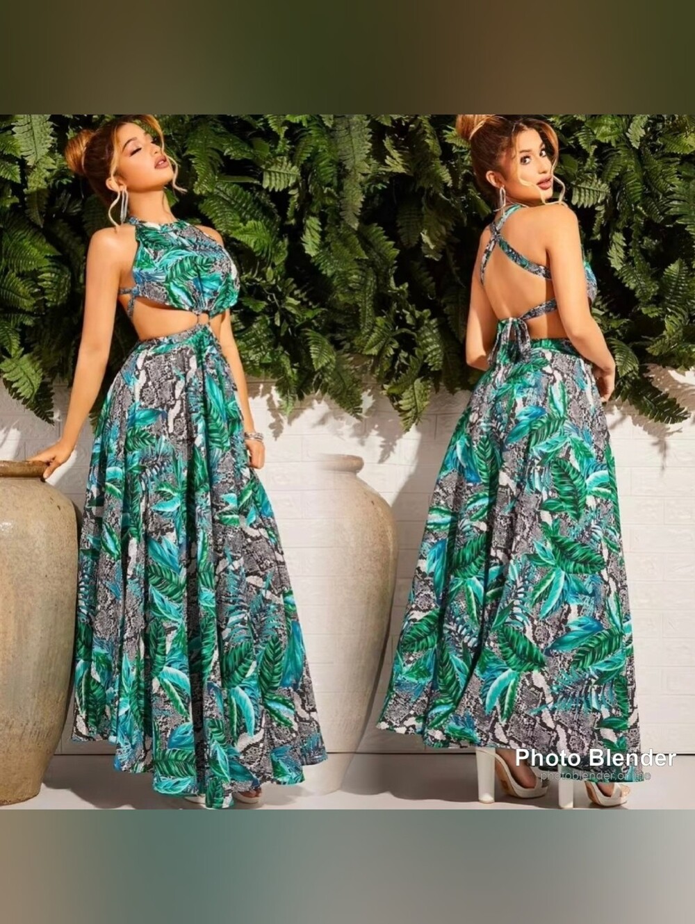 Tropical Palm Leaf Snakeskin Print Halter Cutout Backless Flowy Maxi Dress Small